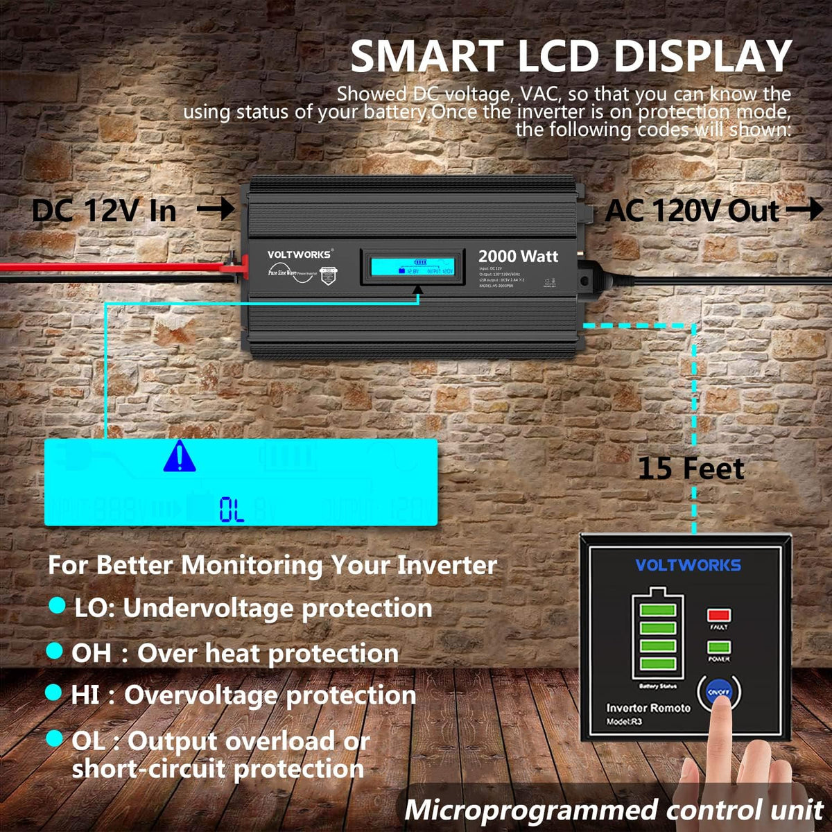 2000Watt DC 12V to 120V AC Car Power Inverter with 2 AC Outlets and LCD Display D178478