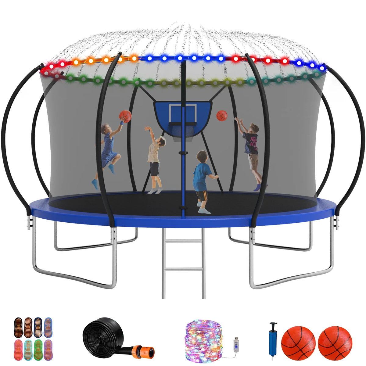12FT 14FT Trampoline with Enclosure, Basketball Hoop, LED Light and Sprinkler B3775