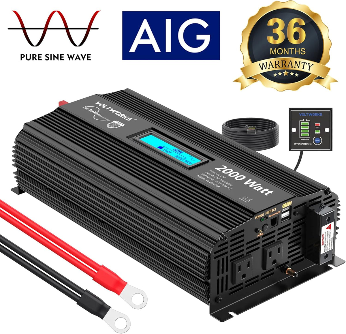 2000Watt DC 12V to 120V AC Car Power Inverter with 2 AC Outlets and LCD Display D178478