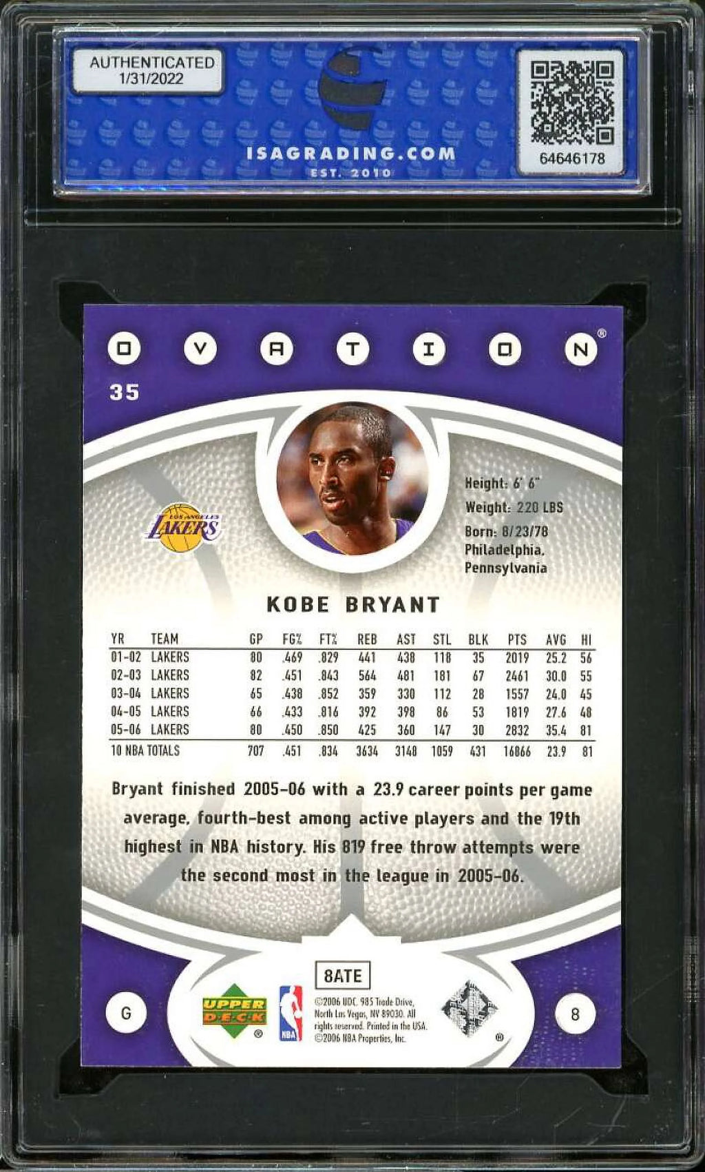 Kobe Bryant Card ISA 10 GEM MINT W135