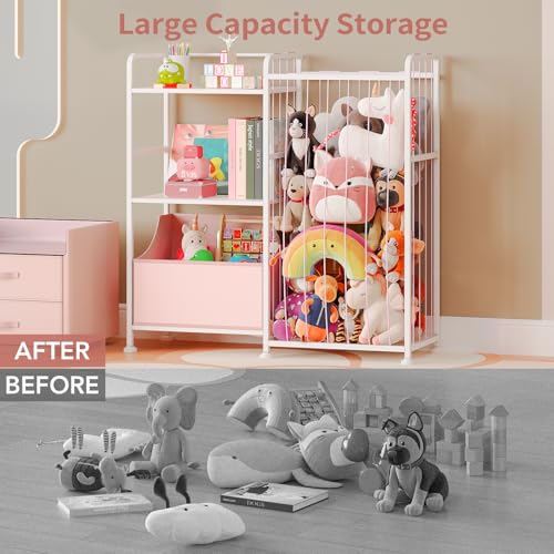 2-Tier White Stuffed Animal Storage Bookshelf with Toy Organizer Y51000