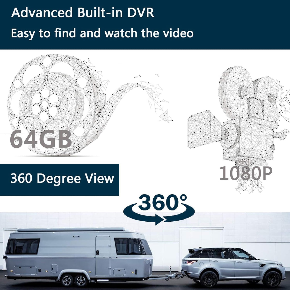 10.1 Monitor Backup Camera Built-in DVR 1080P HD 4 Split Screen IP69 Waterproof H345