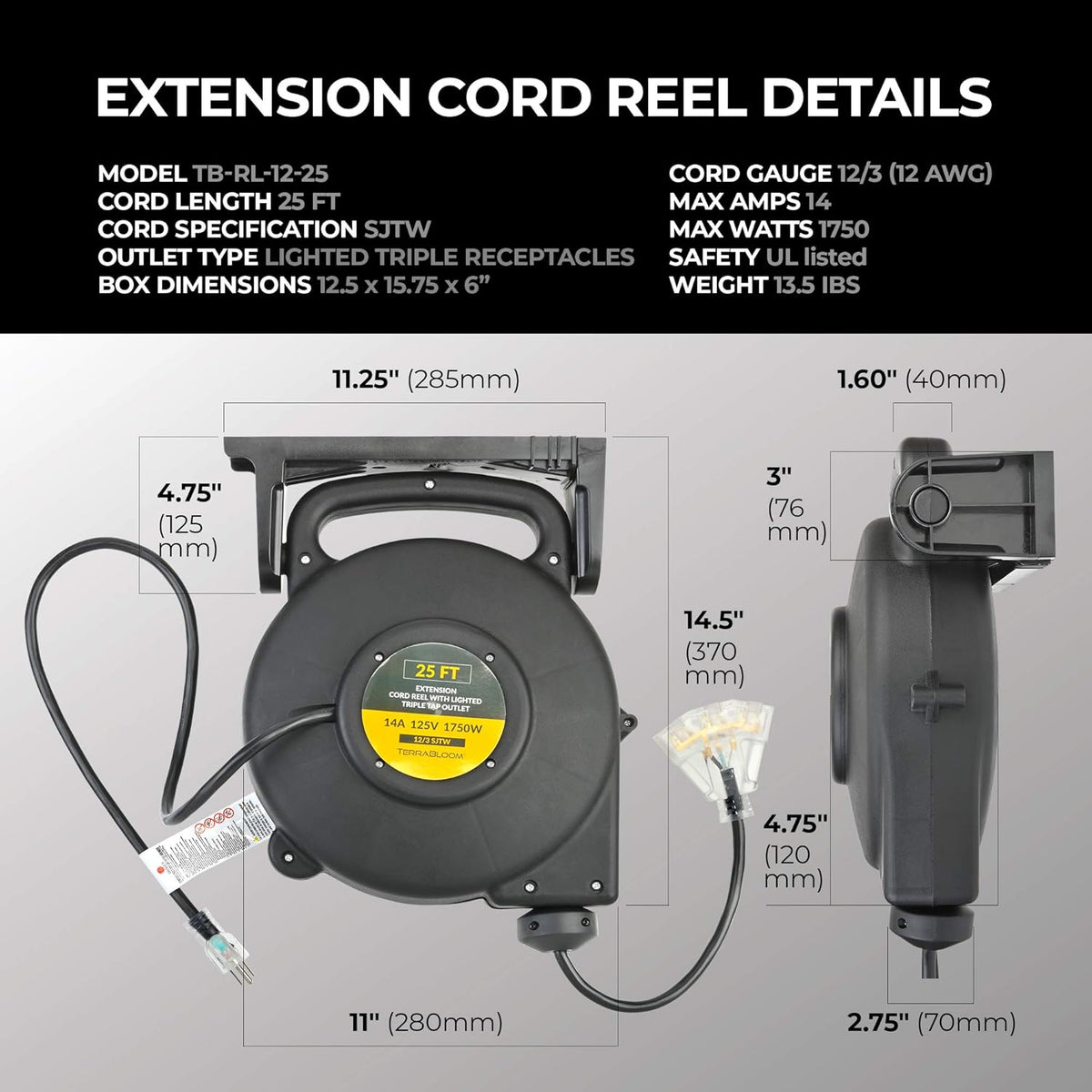 25 Ft 12/3 Retractable Extension Cord Reel O1832