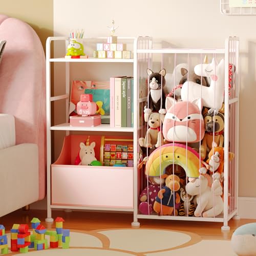 2-Tier White Stuffed Animal Storage Bookshelf with Toy Organizer Y51000