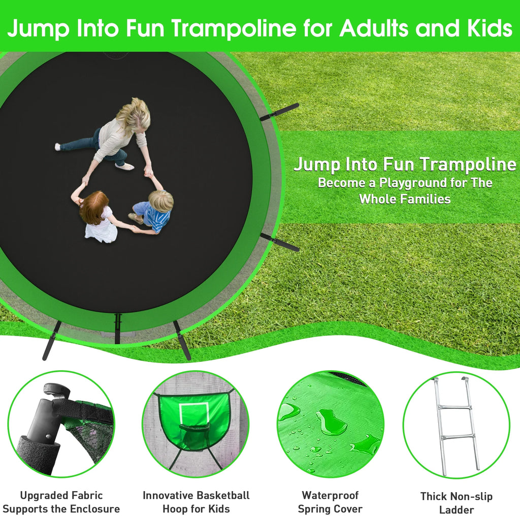 12FT 14FT Trampoline with Enclosure, Basketball Hoop, LED Light and Sprinkler B3775