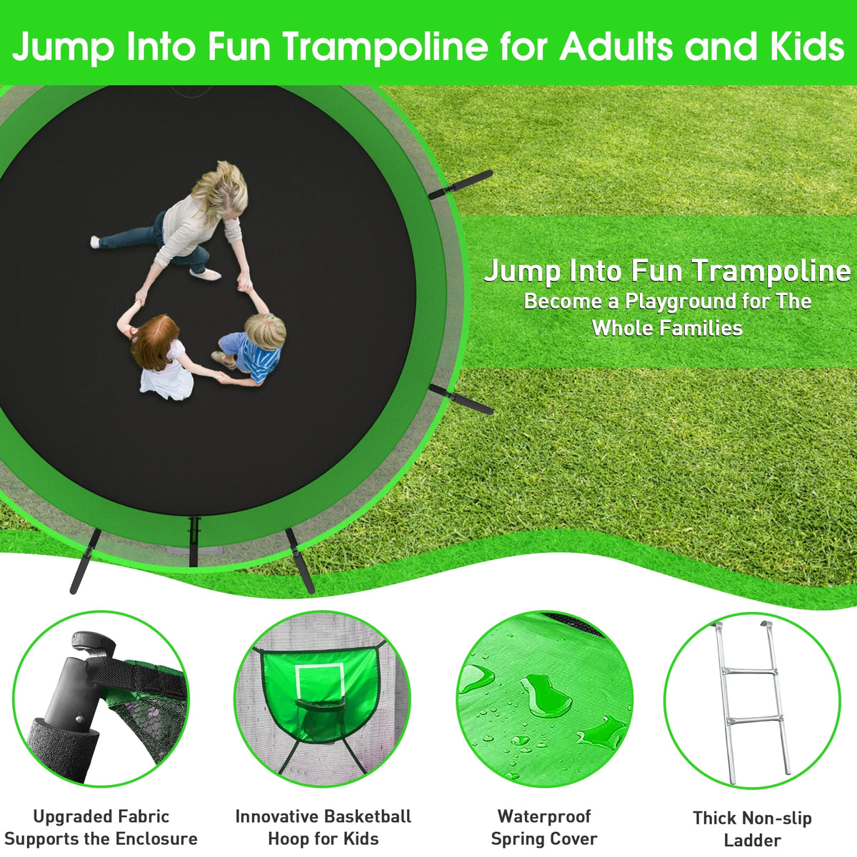 12FT 14FT Trampoline with Enclosure, Basketball Hoop, LED Light and Sprinkler B3775