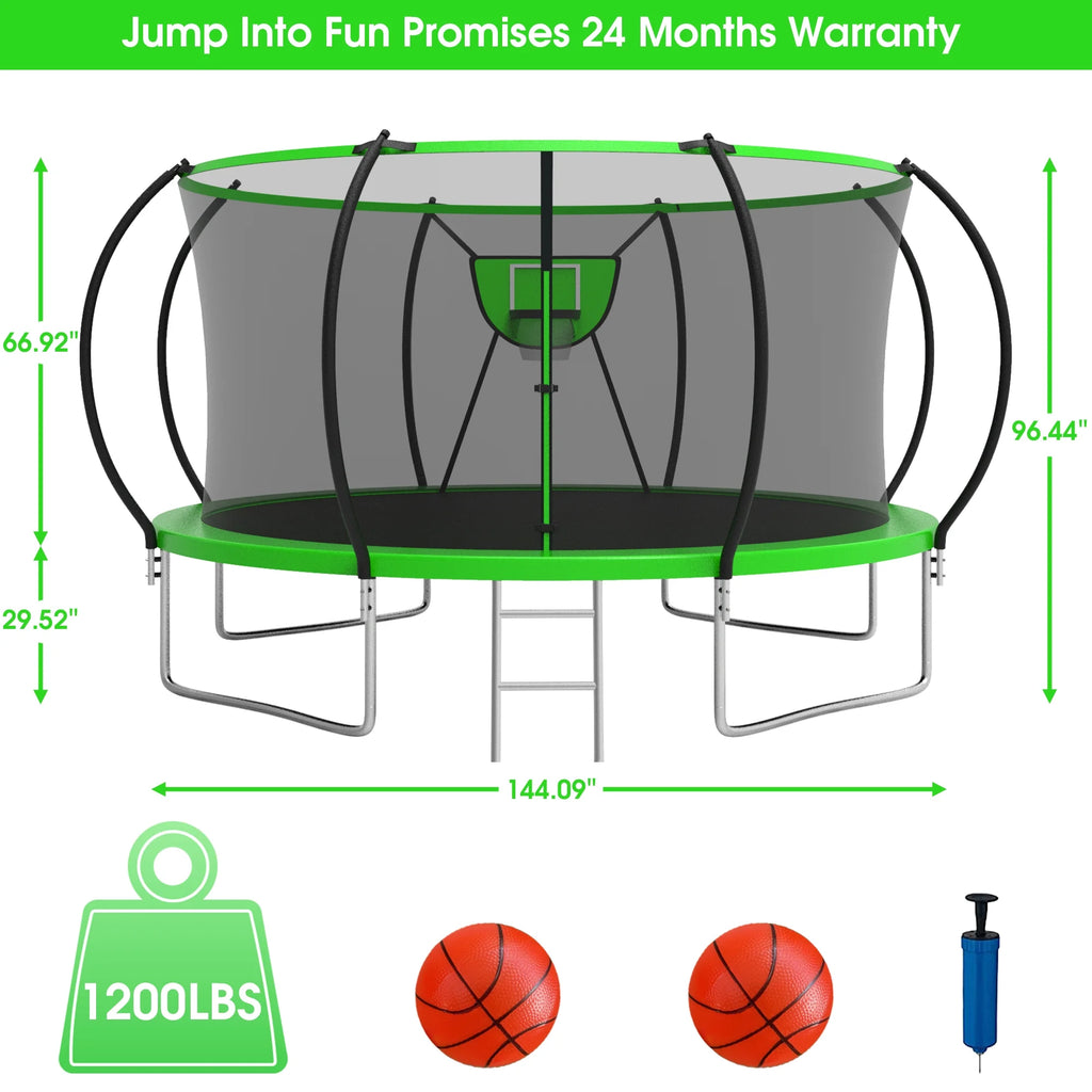 12FT 14FT Trampoline with Enclosure, Basketball Hoop, LED Light and Sprinkler B3775