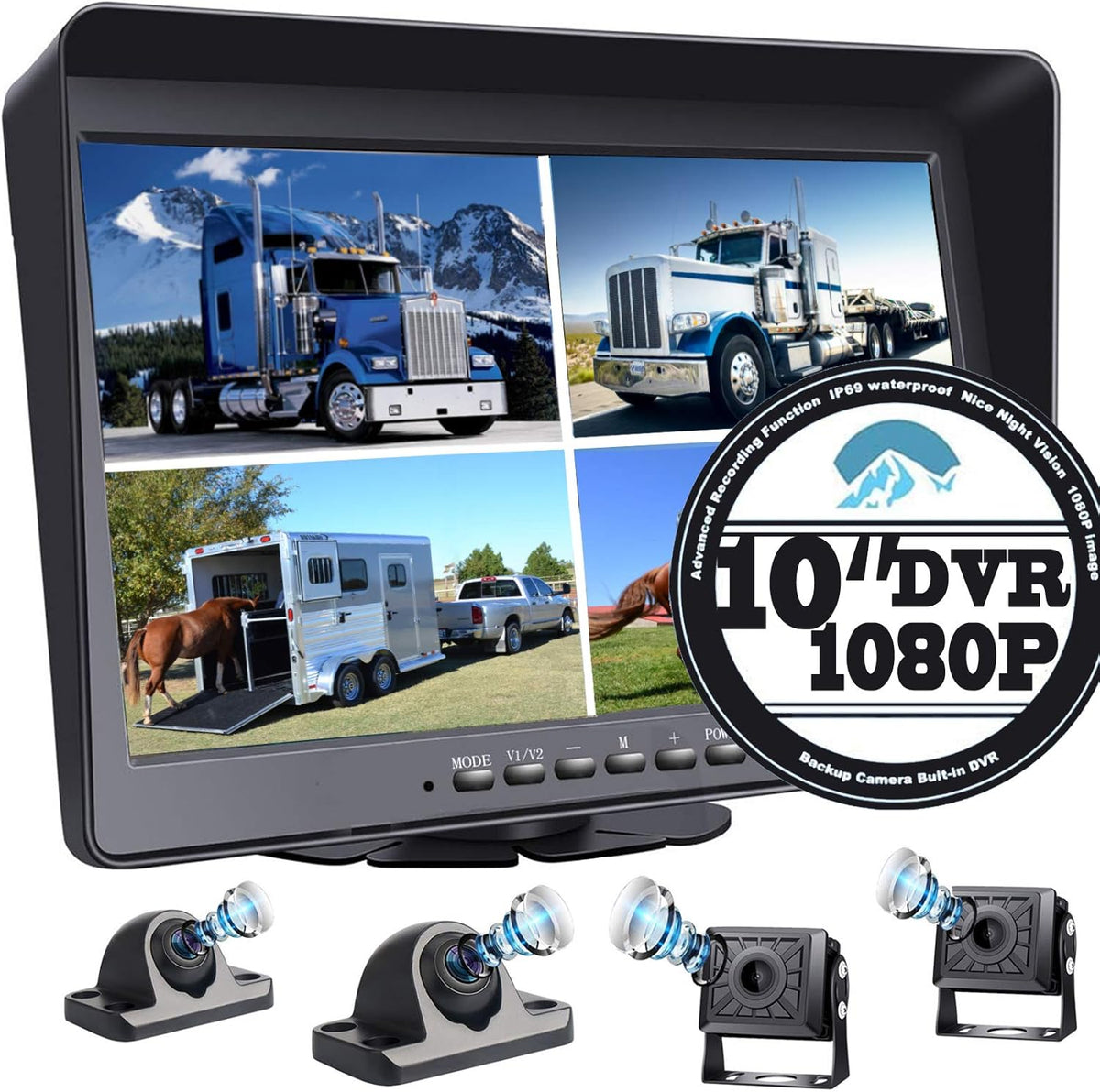 10.1 Monitor Backup Camera Built-in DVR 1080P HD 4 Split Screen IP69 Waterproof H345