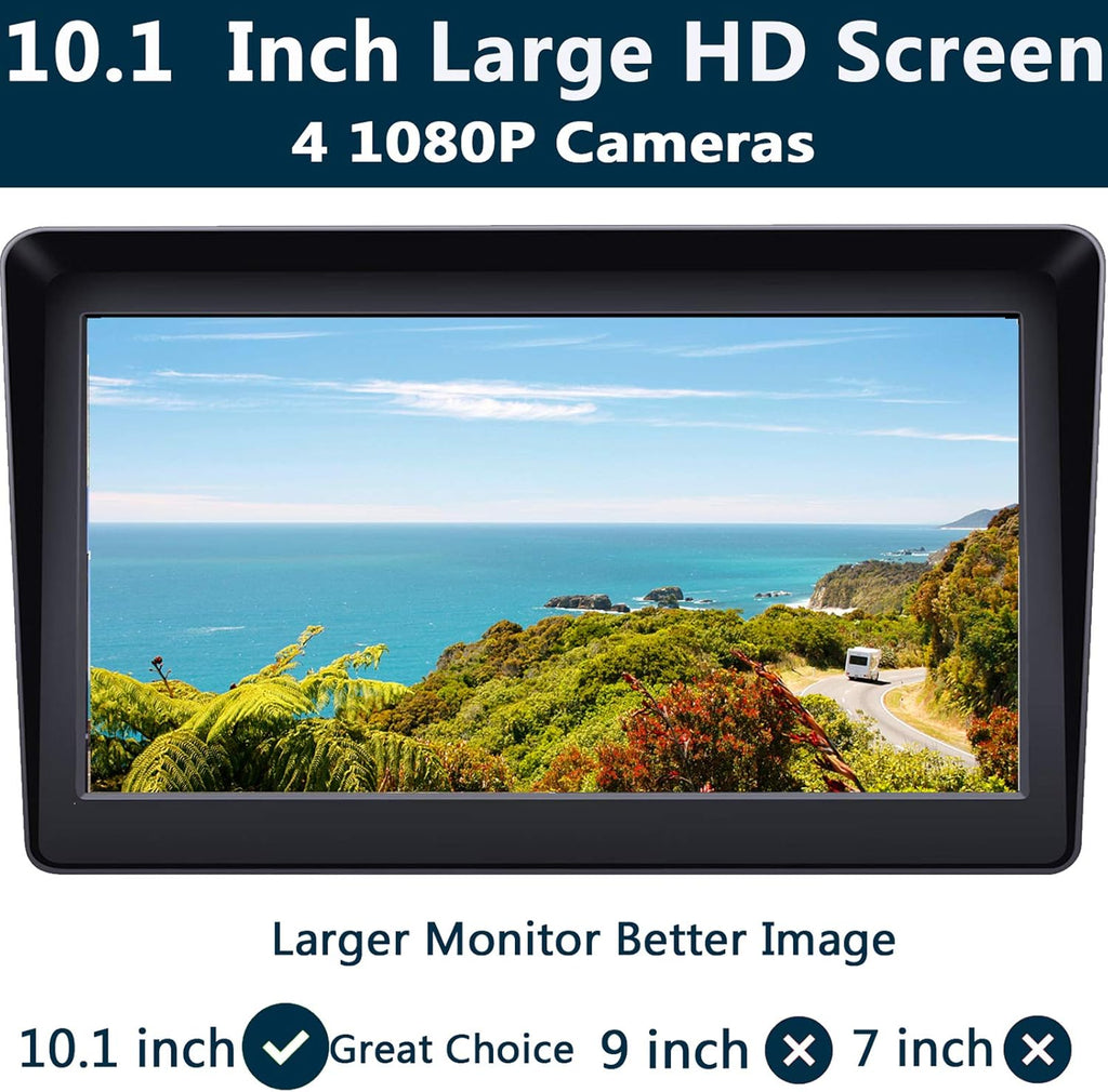 10.1 Monitor Backup Camera Built-in DVR 1080P HD 4 Split Screen IP69 Waterproof H345