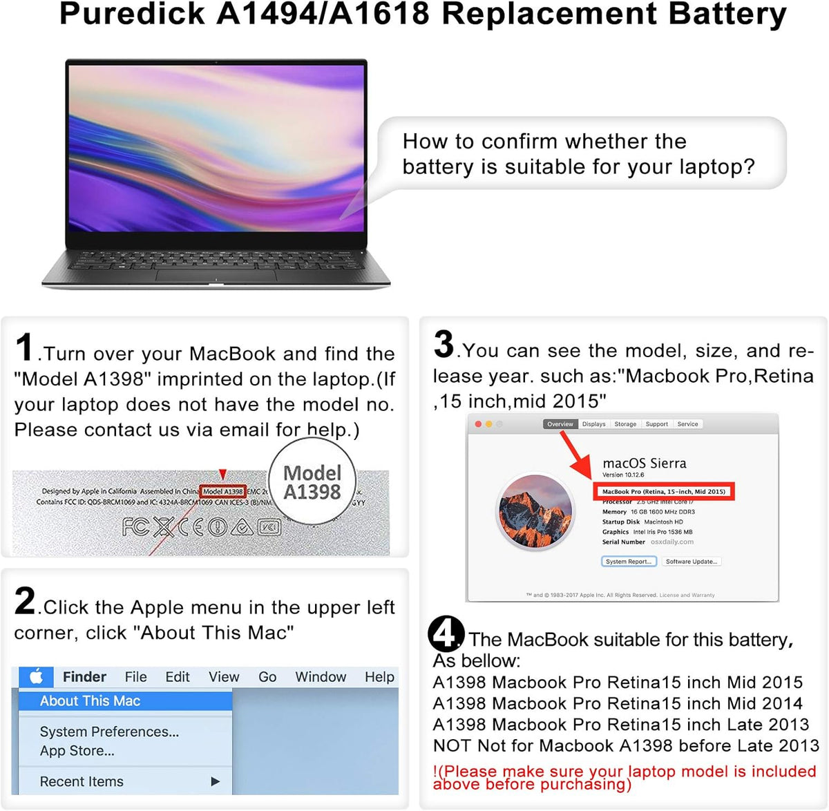 2 Pack Replacement Battery for 15-inch A1398 R8788