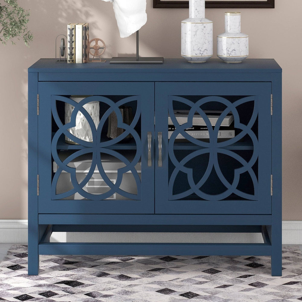 Brown Navy Blue Wood Accent Sideboard Storage Cabinet with Doors V52278