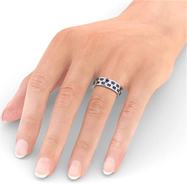 14K White Gold Blue Sapphire Diamond Eternity Band Size 11 A9666