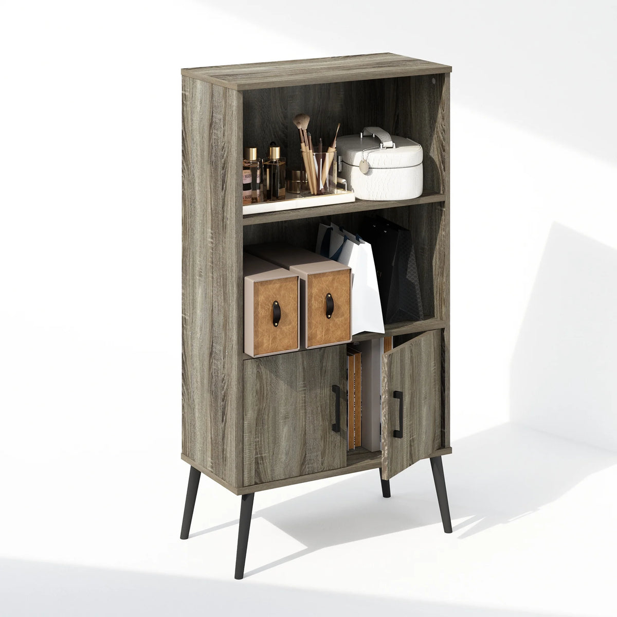 Mid-Century Open Display Shelves & Storage Cabinet with Wooden Legs U420514