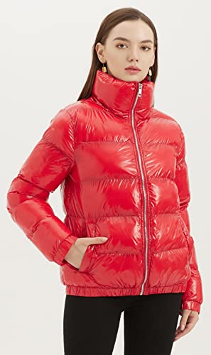 Metallic Shiny Puffer Jacket Quilted Winter Warm Zip Stand Collar Padded Short Bubble Coat R11158