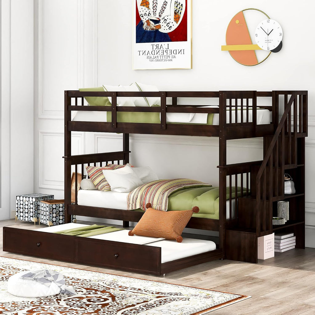 Twin Over Twin Wood Bunk Bed with Trundle and Staircase Y992