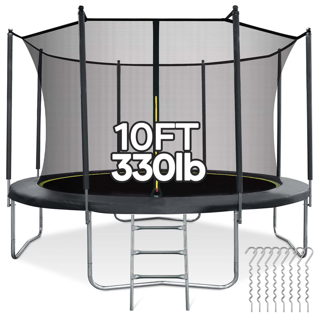 10FT Trampoline with Enclosure Net, Spring Cover, Ladder, Wind Stakes, 330lbs Weight Capacity C751463