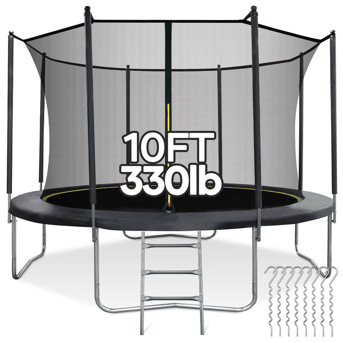 10FT Trampoline with Enclosure Net, Spring Cover, Ladder, Wind Stakes, 330lbs Weight Capacity C751463