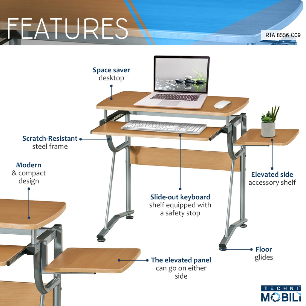 Compact Computer Desk with Side Shelf and Keyboard Panel P76397