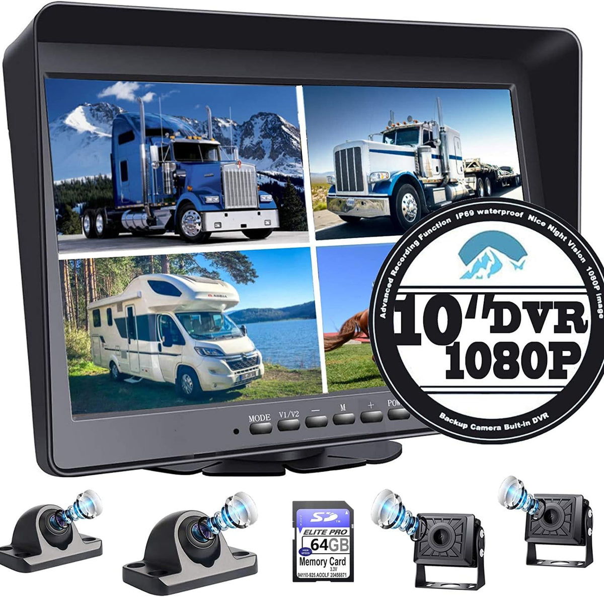 10.1 Monitor Backup Camera Built-in DVR 1080P HD 4 Split Screen IP69 Waterproof H345