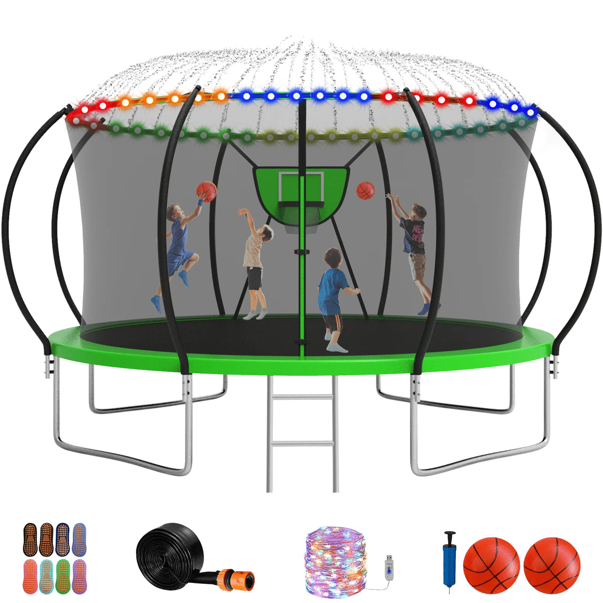 12FT 14FT Trampoline with Enclosure, Basketball Hoop, LED Light and Sprinkler B3775