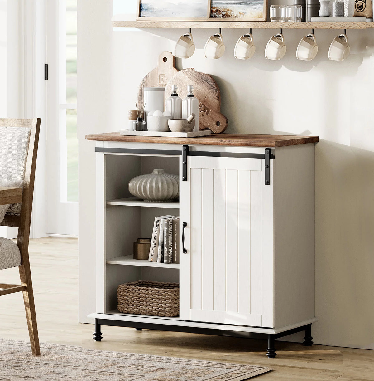 White Wood Sideboard Buffet Cabinet with Sliding Barn Door E66250